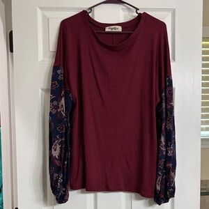 Stylish Burgundy and Navy Blouse with Patterned Sleeves